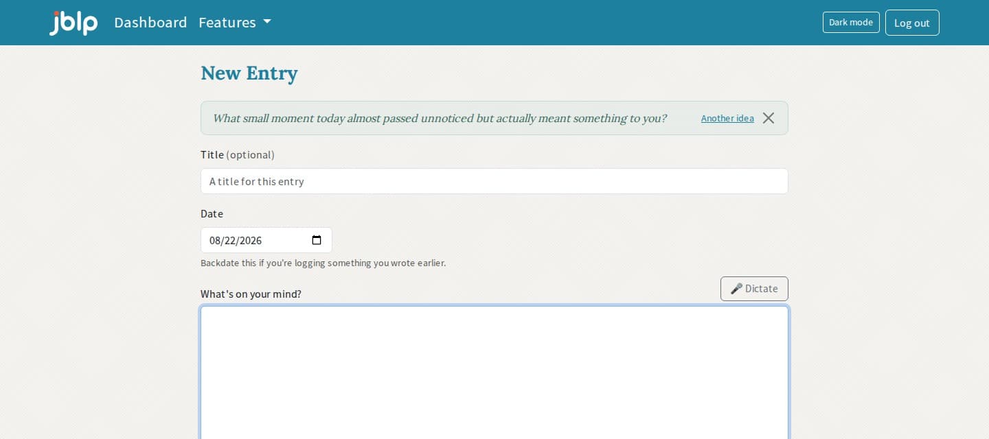 A blank new entry with an AI-generated writing prompt showing above the text field