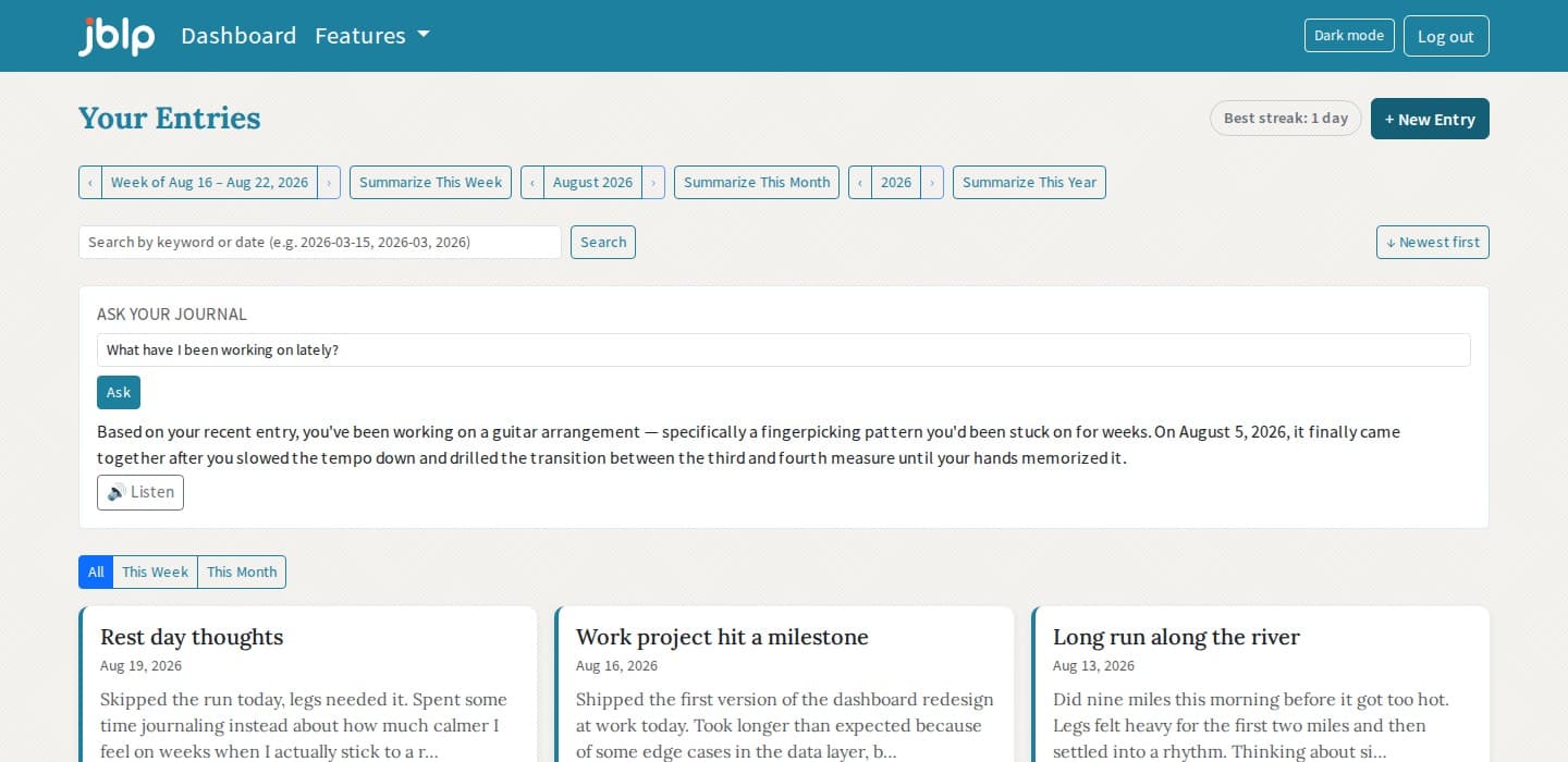 An Ask Your Journal exchange, showing a question and an answer that cites a specific entry