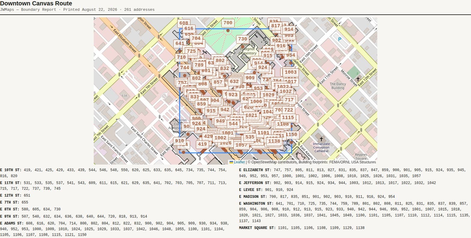 JWMaps printable landscape field report, with addresses grouped by street and sorted numerically next to a map of the boundary