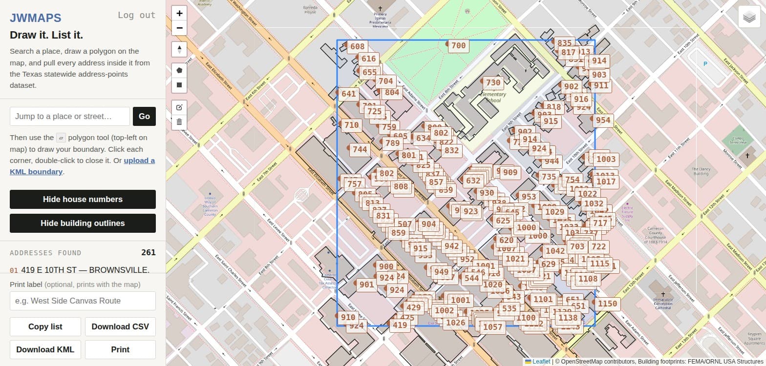 JWMaps map with the Show house numbers and Show building outlines toggles both active, showing footprint outlines and house-number labels together